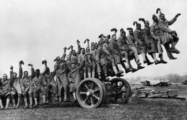 Members of the 349th Field Artillery Battalion pose for a photo during pre-war training at Fort Sill, Oklahoma. The U.S. Army was dubious about the fighting qualities of “colored” units and many African American soldiers never expected to see combat.