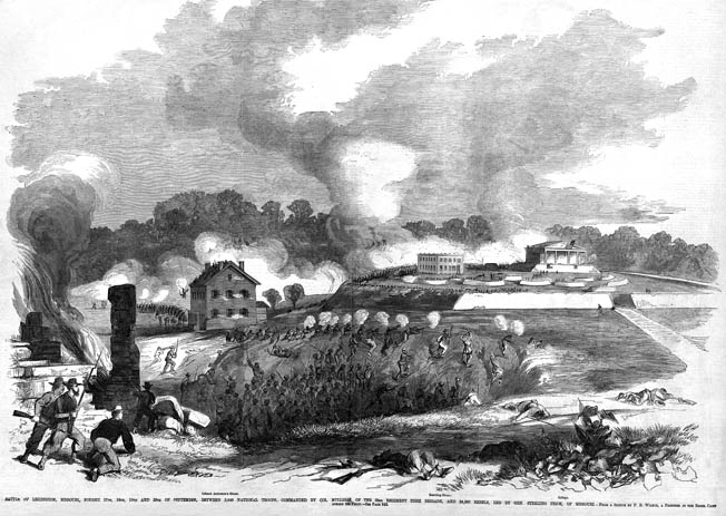 A bird’s-eye view of the Confederate attack on Lexington shows the hemp bales at the center, with gunsmoke rising prettily above them. The Masonic College is in the right background.