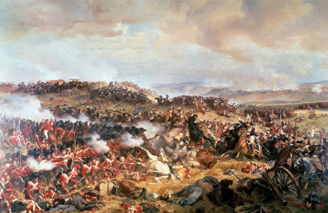 9FK-1815-6-18-A1-12 Battle of Waterloo / Philippoteaux Napoleonic Wars: the Hundred Days 1815 Battle of Waterloo, 18 June 1815. (Napoleon's final defeat at the hands of Wellington and Bluecher). - 'The Battle of Waterloo'. - Painting, 1874, by Felix Philippoteaux (1815-84). London, Victoria and Albert Museum.