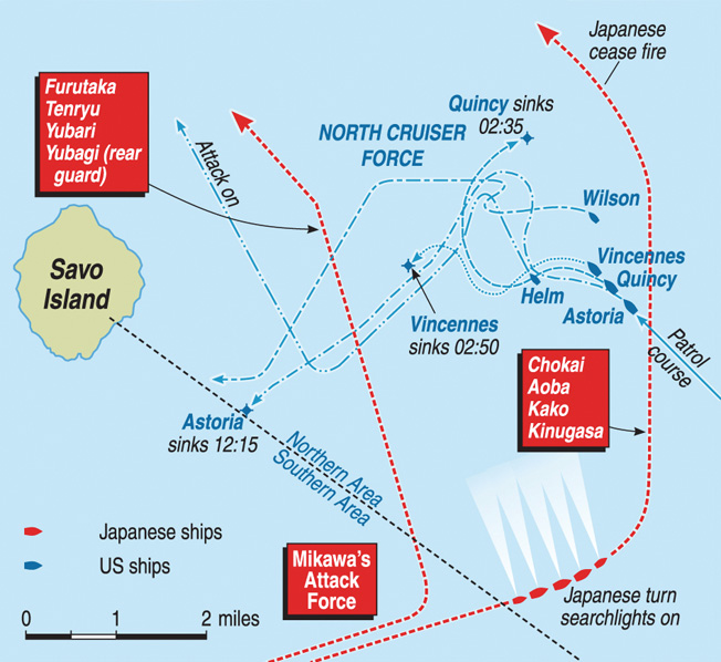 Surprised by a strong Japanese naval force less than a week after American Marines had landed on Guadalcanal , four Allied cruisers were lost in the debacle of the Battle of Savo Island.
