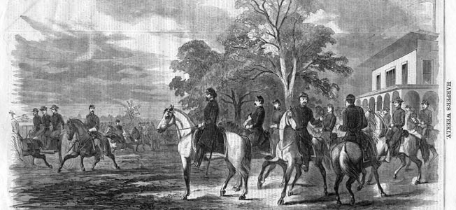 Western Department commander Maj. Gen. John C. Frémont and his staff make a spruce appearance at Camp Benton in St. Louis. Despite political pressure from Washington, Frémont took his time marching to Lexington.