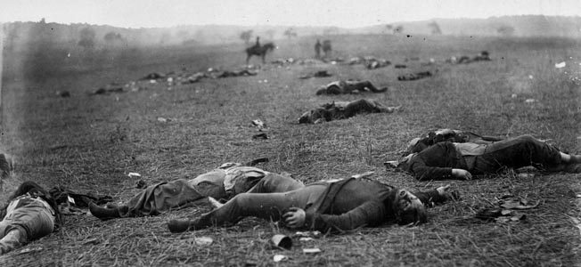 Brady associate Timothy O’Sullivan aptly subtitled this photograph of slain Union soldiers at Gettysburg “A Harvest of Death.” The men’s shoes have been removed by always needy Confederates.