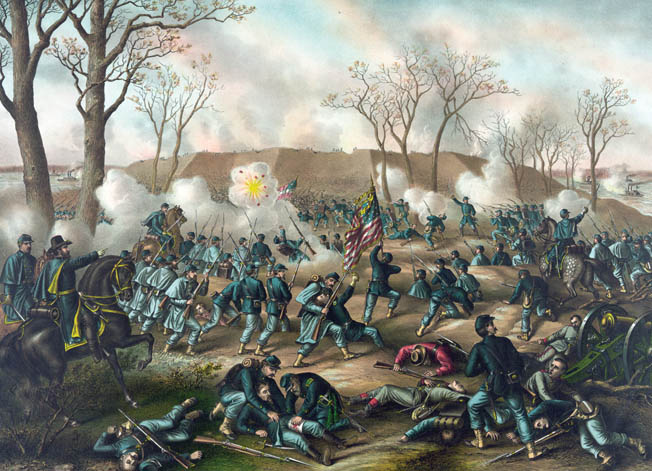 Victorious Union troops assault Fort Donelson in northwestern Tennessee in February 1862. Johnson avoided the mass surrender of Confederate forces there by sneaking away unnoticed through the woods.
