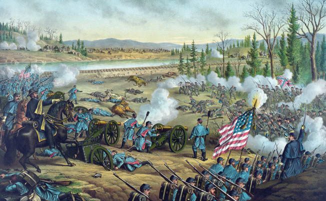 Union commander William Rosecrans gestures toward the onrushing Confederates during the height of the Battle of Stones River. It would take two days of fighting to decide the victor.