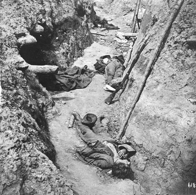 Confederate dead lie where they fell in a trench inside Fort Mahone. The vicious fighting there prefigured the trench warfare in World War I by a good 50 years.