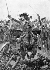 Prince George of Hanover leads a cavalry charge at Oudenarde in a romantic depiction of the battle; in reality, his horse was shot from under him and he charged on foot.