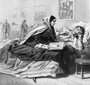 A nurse helps a wounded soldier in the Army of the Potomac write a letter home. Homesickness was epidemic during the war. 