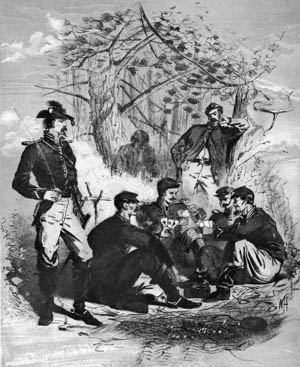 This contemporary sketch by famed artist Winslow Homer shows Union cavalry troopers playing cards around a campfire. Much of the cavalryman’s life consisted of waiting to ride out on a raid.