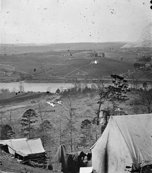 Taken shortly after the Confederate withdrawal, this photo shows the University of Tennessee, atop its famous “Hallowed Hill,” across the Tennessee River in Knoxville.