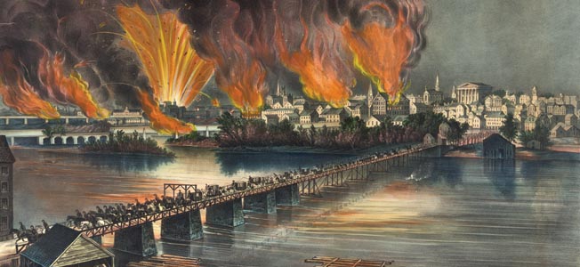 Richmond burns as Confederate troops evacuate the capital city on the night of April 2. Some 800 buildings caught fire in the blaze. 