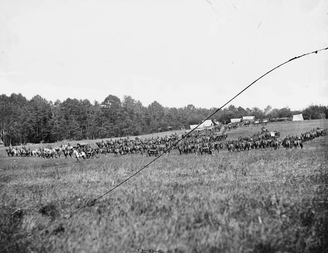 The 4th U.S. Artillery, photographed near Culpeper, Virginia. Battery B of the unit dueled with Confederate artillery at Brawner’s Farm. 