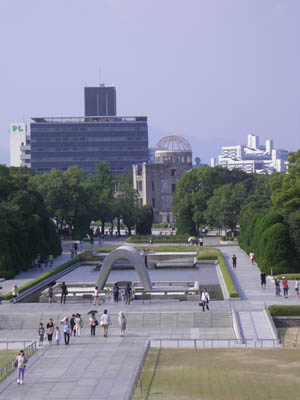 A view of the Hiroshima Peace Memorial Park, with the Genbaku, or “A-Bomb Dome,” in the distance.