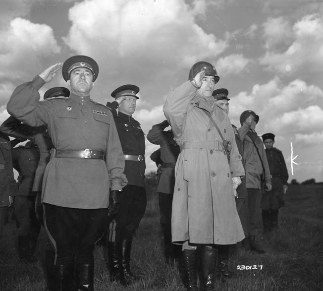 Gillem, right, trades salutes with Russian officers from Marshal Konstantin Rokossovsky’s Second Russian Army on the banks of the Elbe River on May 4, 1945.