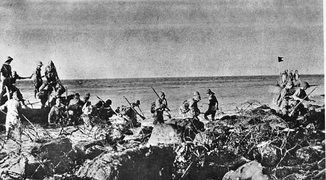 General Homma’s troops disembark from landing barges on Corregidor on the evening of May 5, 1942.