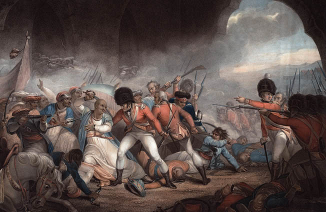 British soldiers pursue Tipu Sultan as he retreats to the tunnel-like passageway known as the Water Gate that led to the inner fortress. The Mysore leader chose to fight to the death rather than surrender. 