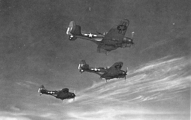 A trio of Dauntless SBDs patrols the skies. The aircraft, of which nearly 6,000 were built, was slower than its Japanese counterpart, the Aichi D3A2 “Val,” but was steady in a dive and more resistant to battle damage. 