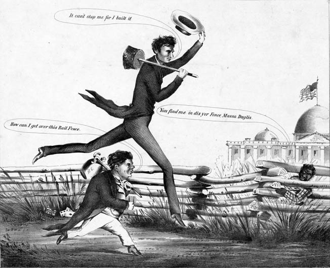 A political cartoon from the presidential race of 1860 shows a long-legged Lincoln easily outdistancing Douglas—something he did in the election itself.