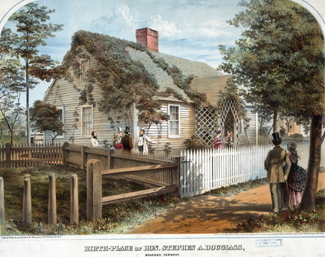 The birthplace of Stephen Douglas in Brandon, Vermont, as depicted in a somewhat bucolic print in 1859, one year after his famous debates with Lincoln.