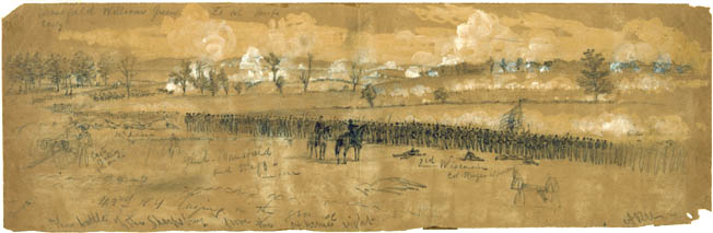 The 3rd Wisconsin holds its lines at the Battle of Antietam, September 17, 1862. The future unit commander, Colonel Thomas H. Ruger, was wounded in the leg during the battle. During Reconstruction, Ruger was military governor of Georgia. 