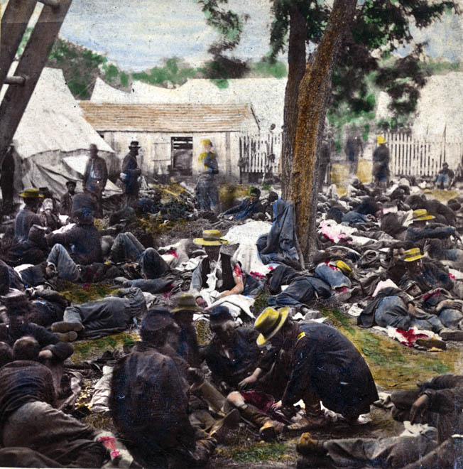 This hand-colored photograph of wounded Union soldiers during the Peninsula Campaign shows the makeshift nature of medical help. There was little time to deal with soldiers suffering from complex mental or emotional ailments.