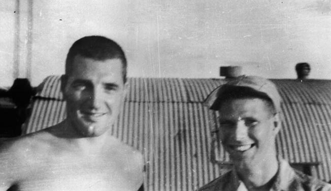 Lieutenant (jg) Hank Blake (left) and Lieutenant (jg) Patrick A. Requa. Requa was skipper of PT-375 when Blake reported aboard as third officer on March 8, 1945. 