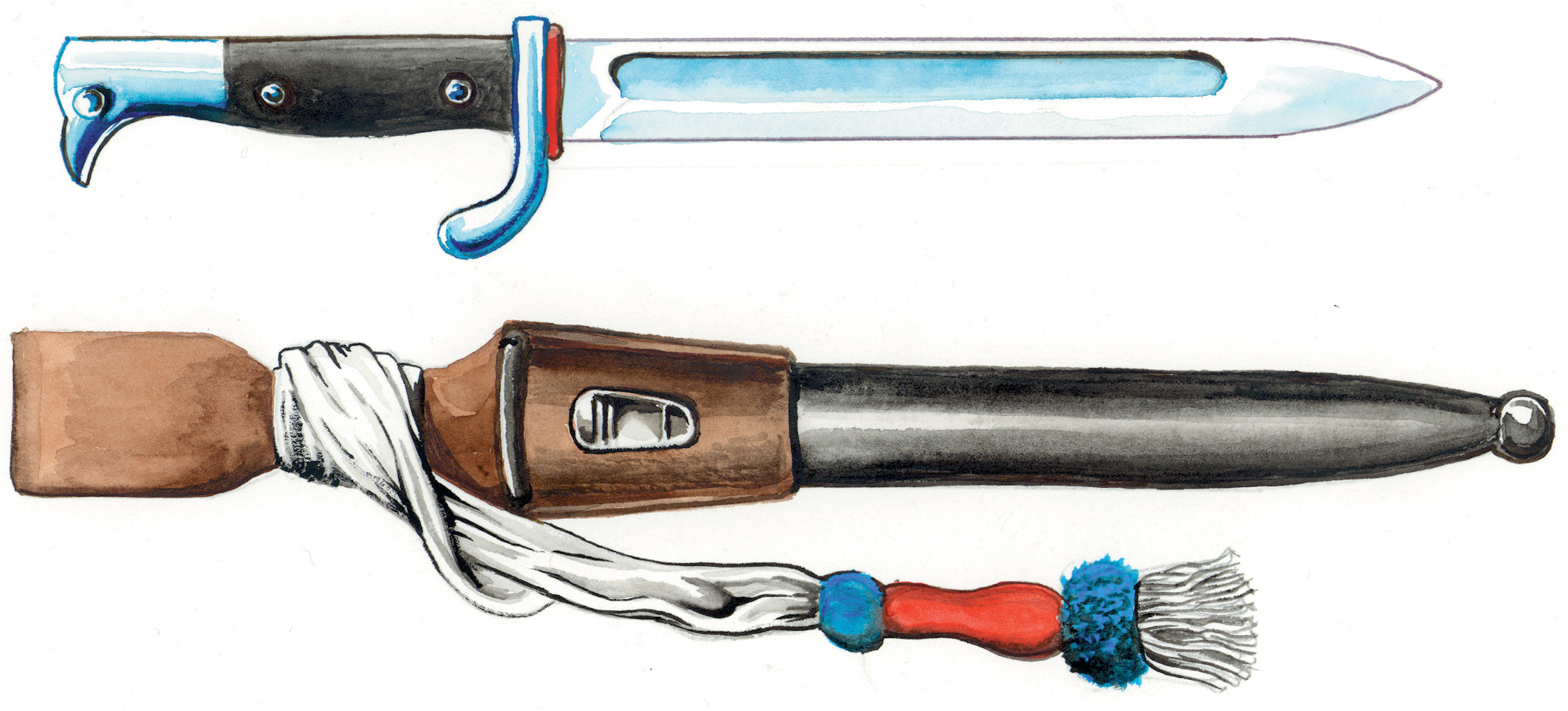 A bayonet with an eagle-headed pommel and a red ricasso washer between blade and quillon, and an example of a bayonet scabbard with a troddel (tassel) wrapped around the frog.