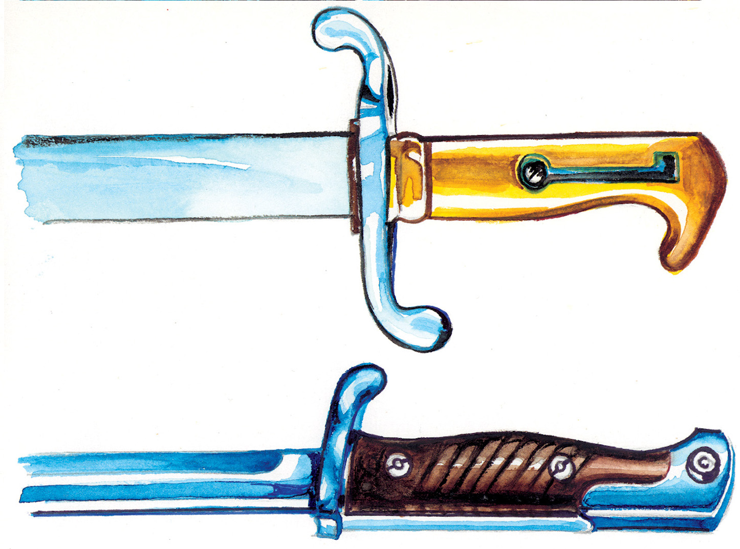 A brass-hilted dress model bayonet from 1860 with a barrel hole in the quillon. A Mauser 98 bayonet with a metal flashguard to protect the wood from powder burns.