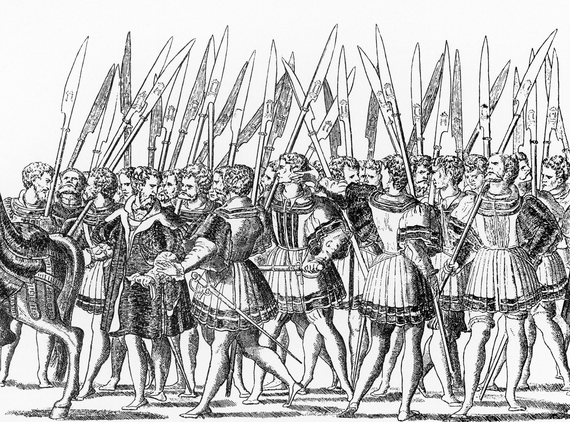 Men carry glaives during a celebration for Pope Clement VII in the 14th century. Glaives were little more than sword blades on shafts. Similar weapons were favored in China and Japan. 