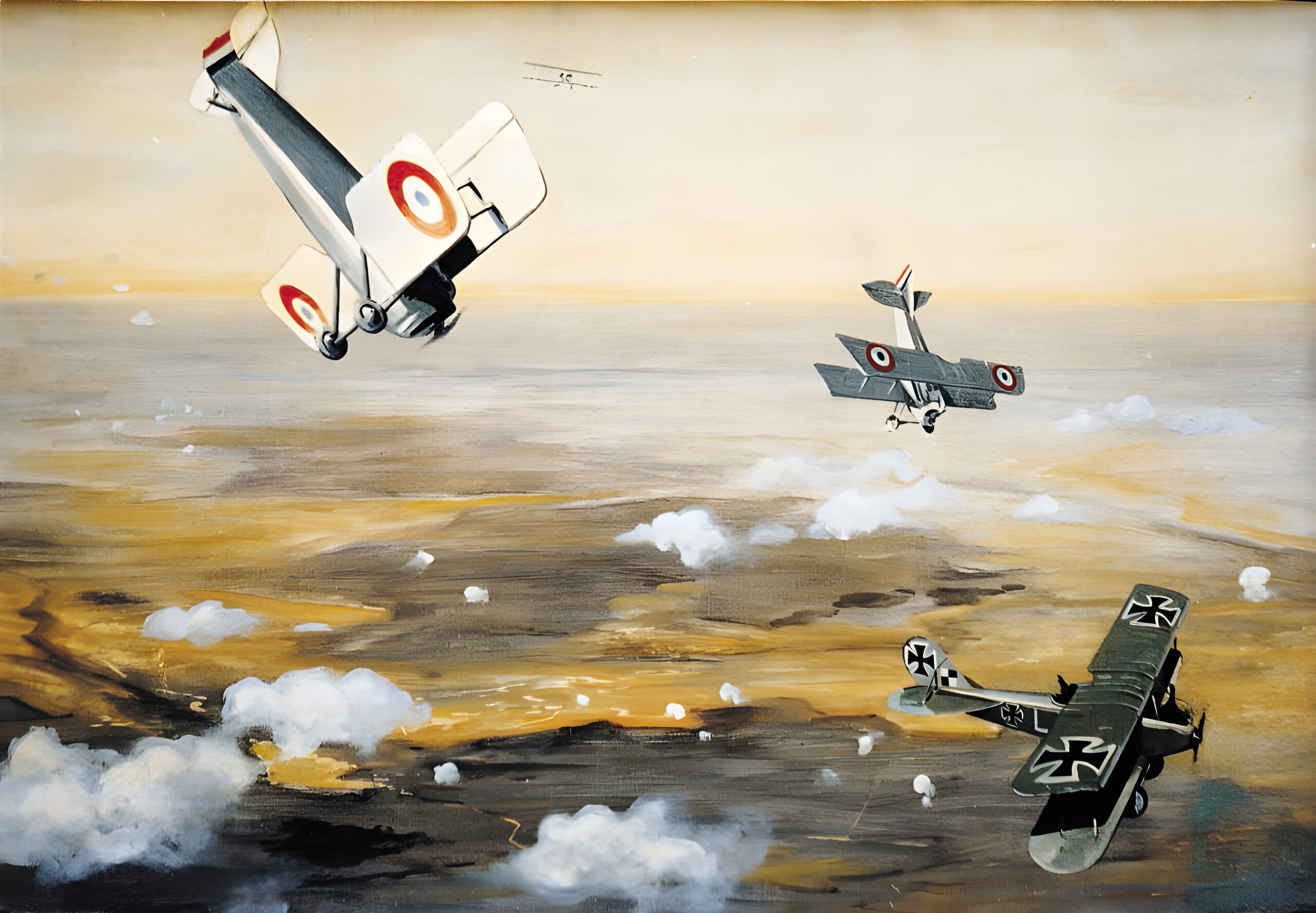 Two French SPAD fighters pursue a German observation plane over the lines. The painting was done after the war by Rudolf Stark, an 11-victory ace who flew with von Greim. 