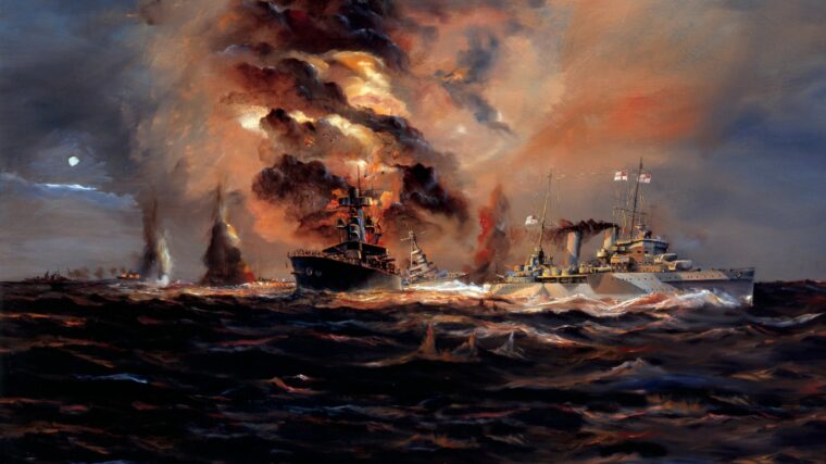 This painting of the nocturnal Battle of the Java Sea shows the torpedoed Dutch light cruiser De Ruyter burning as the cruiser HMAS Perth turns to avoid a collision on February 27, 1942. One night later, the Perth, along with the USS Houston would go down in the Battle of the Sunda Strait.