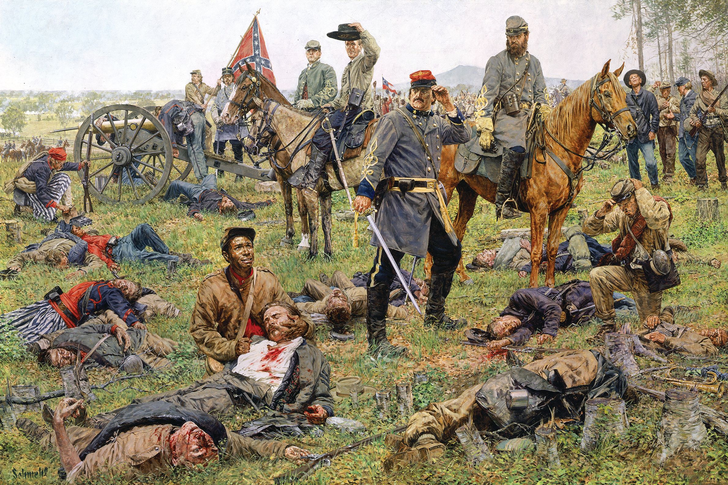 Confederate Major General Thomas J. “Stonewall” Jackson, on horseback, surveys the “Coaling” after the battle. Major Chatham Roberdeau Wheat, center, is surrounded by Louisiana Tiger casualities, including several in their colorful Zouave uniforms.