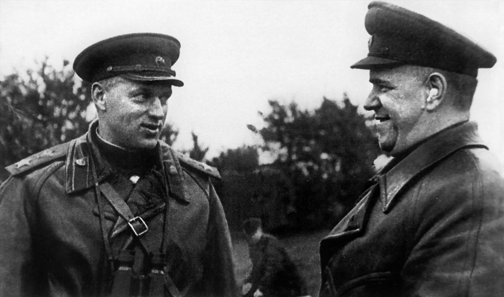 Marshals of the Soviet Union Konstantin Rokossovsky (left) and Georgi Zhukov became rivals during the Red Army effort to take Berlin. That heated rivalry is not apparent in this congenial photo.