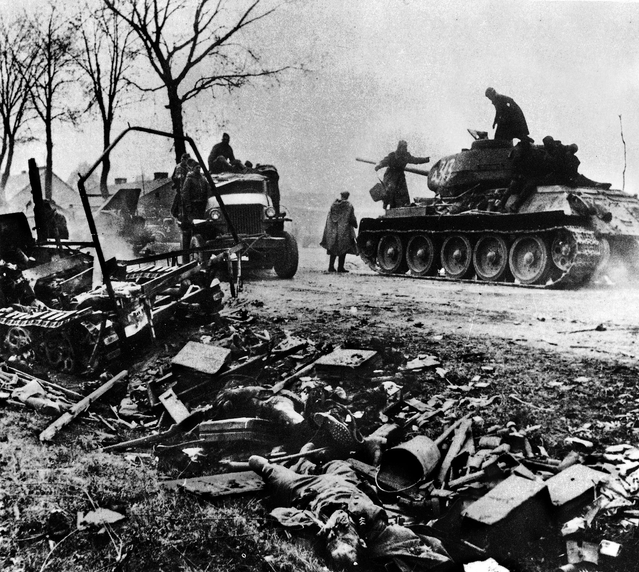 Both the Red Army and the defending Germans sustained heavy casualties during the 1945 Battle of Berlin. In this photo, Soviet soldiers, trucks and tanks prepare to continue the bloody offensive.