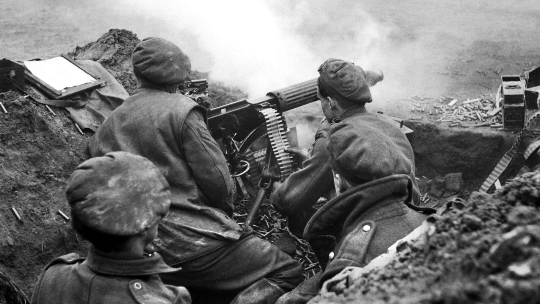 Soldiers of the 154th Infantry Brigade (part of the 51st (Highland) Infantry Division) man a Vickers machine gun in support of the advance of Operation Veritable from Holland into Germany on February 8, 1945.