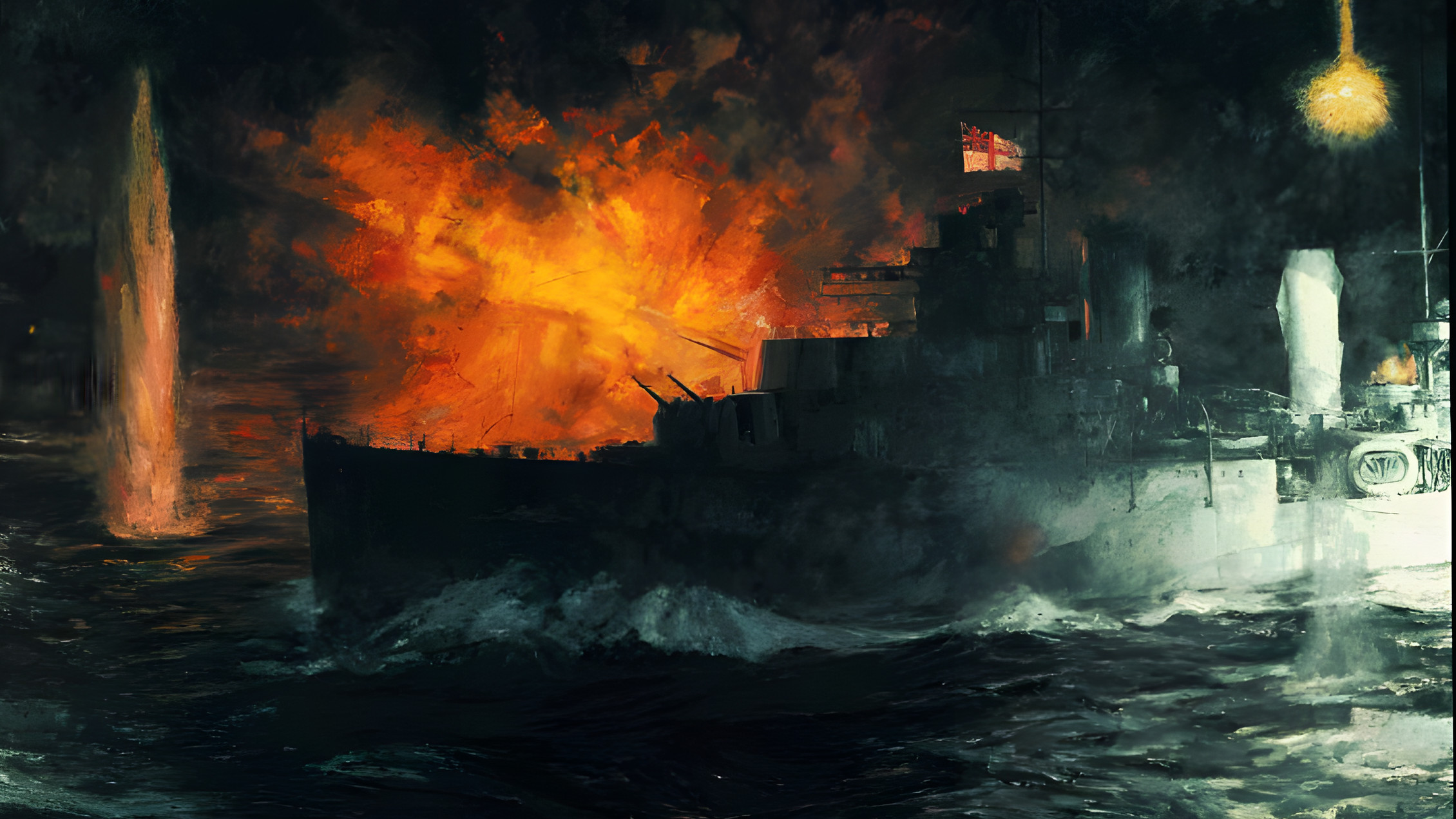 Fire from the guns of the Australian cruiser HMAS Perth splits the darkness in the opening moments of the Battle of Sunda Strait on February 25, 1942. The Australian vessel and the American cruiser Houston were lost in action against the Japanese.