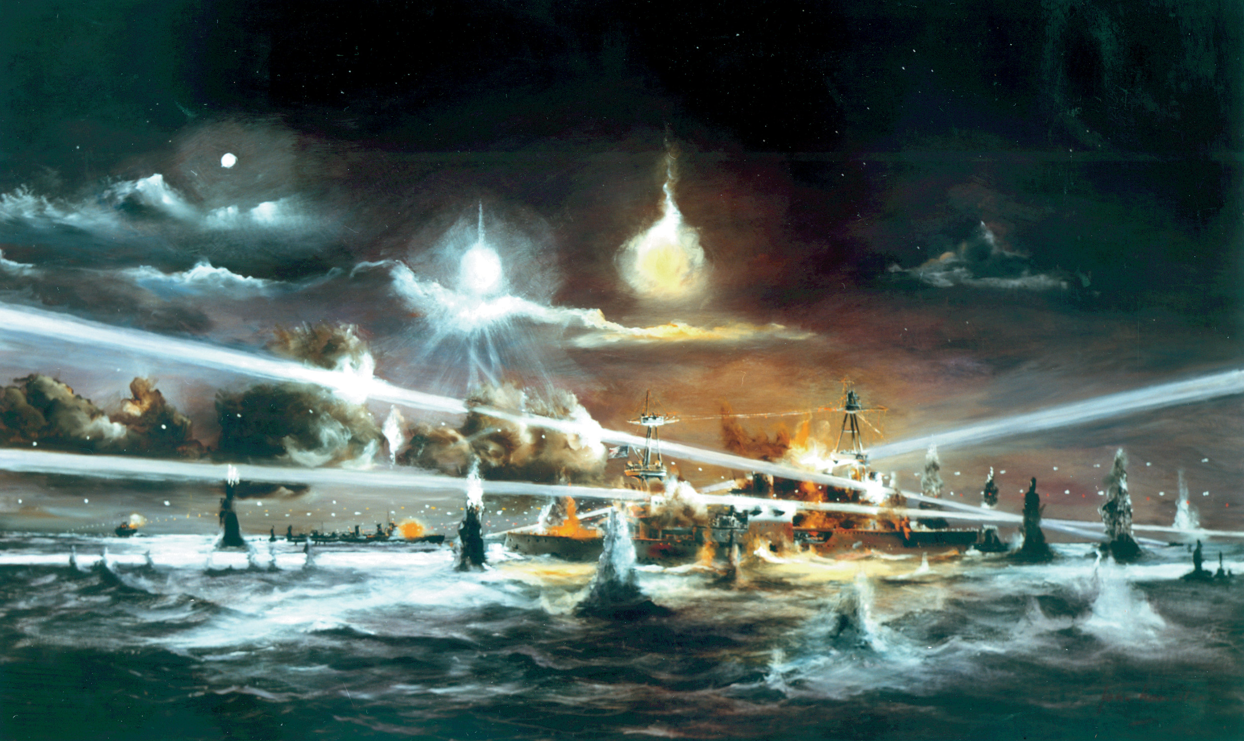 Searchlights and flares stab through the darkness during the night action in Sunda Strait as depicted by artist John Hamilton. Early in the Pacific War, the Japanese were the undisputed masters of the nocturnal naval engagement. However, with the development of sophisticated radar and some hard lessons, the Americans became equally adept.