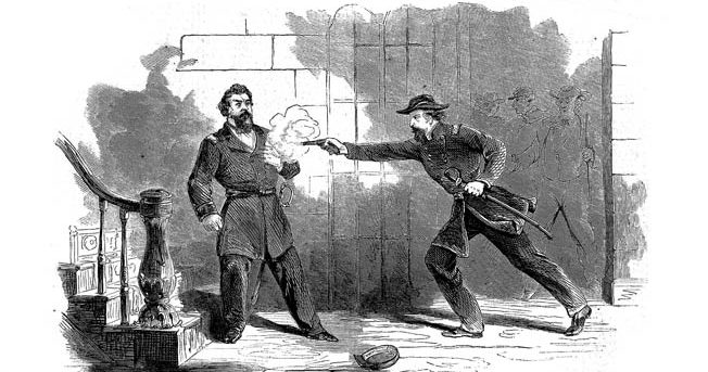 Davis fires at point-blank range into the chest of the unarmed Nelson, as depicted two weeks after the incident by Harper’s Weekly. Davis claimed the gun had gone off by accident.