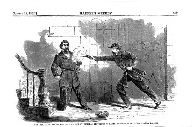 Davis fires at point-blank range into the chest of the unarmed Nelson, as depicted two weeks after the incident by Harper’s Weekly. Davis claimed the gun had gone off by accident.