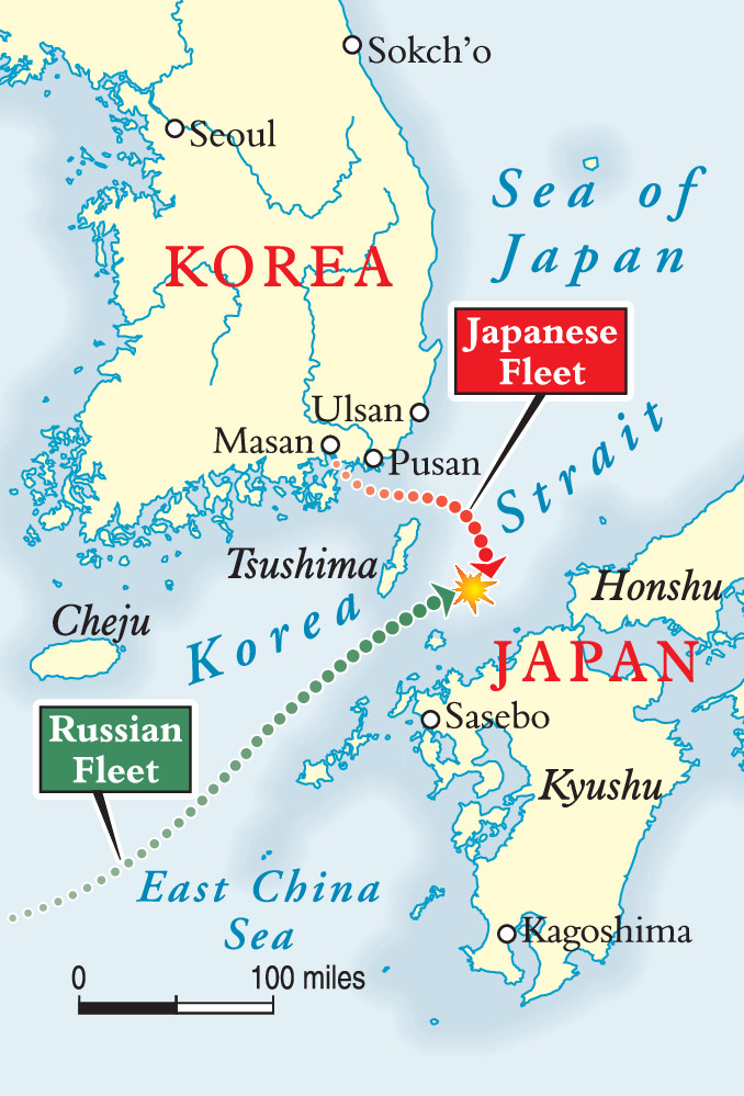 The Russian fleet attempted to skirt the islands of Honshu and Kyushu, but ran into an iron wall of Japanese ships.