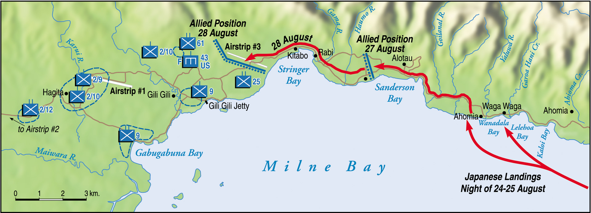 The Japanese offensive at Milne Bay began with an amphibious landing, followed by a march along the coast of New Guinea. Australian diggers and American troops combined to halt the operation, dealing the Japanese their first major setback in the campaign for control of the island.