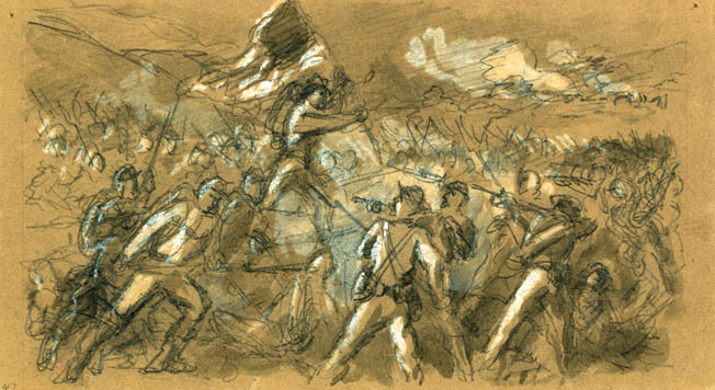 Union troops attack a Confederate fort at Petersburg. Famed war artist Alfred Waud made the sketch on the day of the attack.