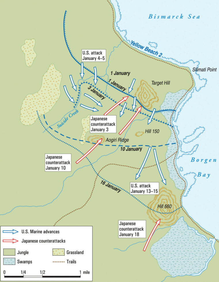 Thrust and counterthrust marked the first weeks of operations at Cape Gloucester. Japanese attempts to contain the American beachhead failed, but counterattacks continued as the U.S. troops moved inland toward Hill 660, Aogiri Ridge, and Target Hill. 