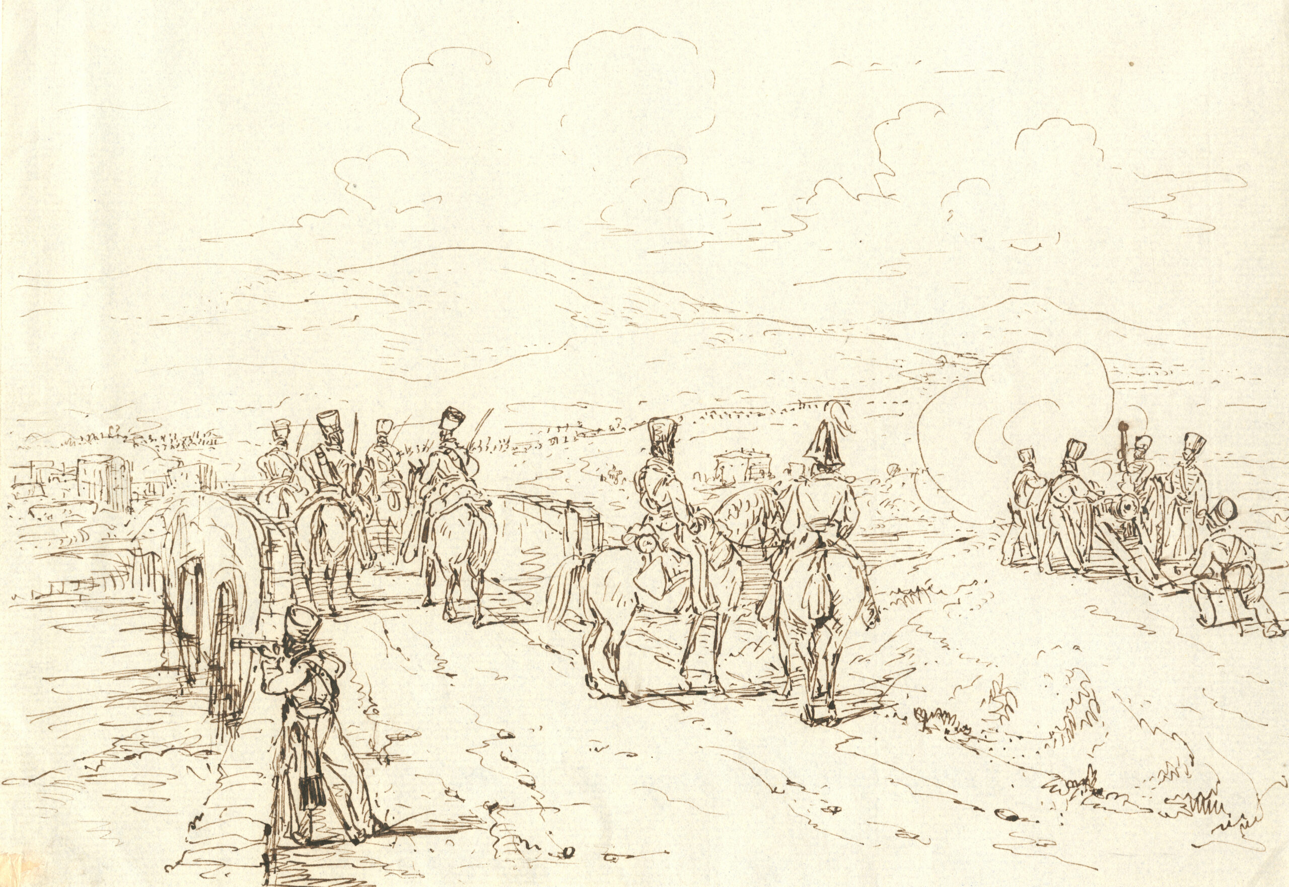 British light cavalry watch and their field artillery fires on the French during the Waterloo campaign