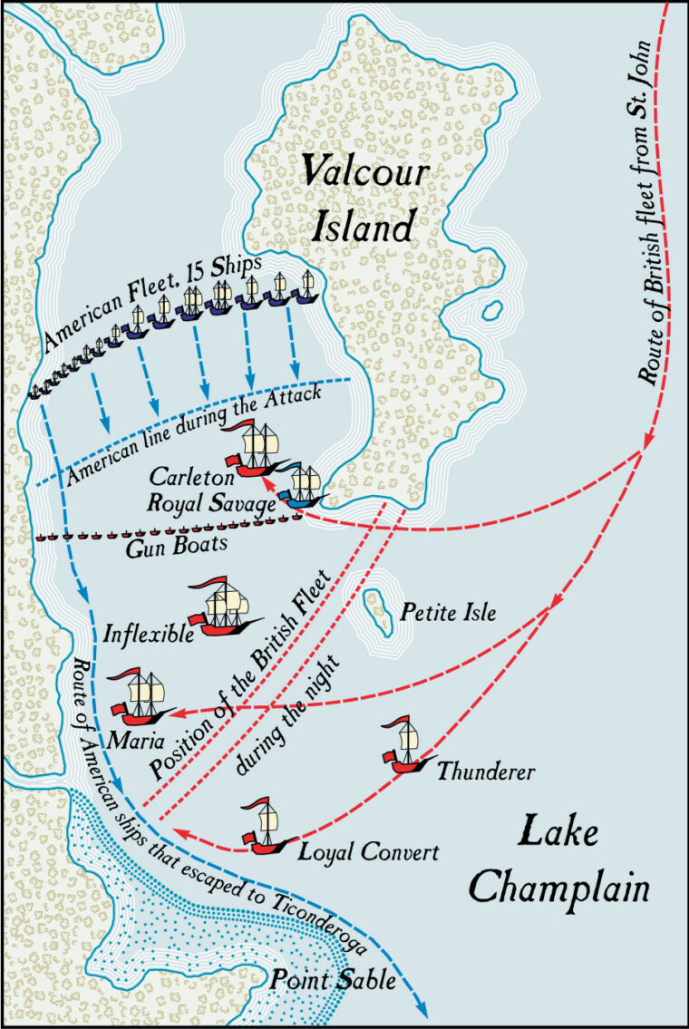 Arnold anchored his fleet in the channel between Valcour Island and the mainland. The British would have to sail upwind to reach him.