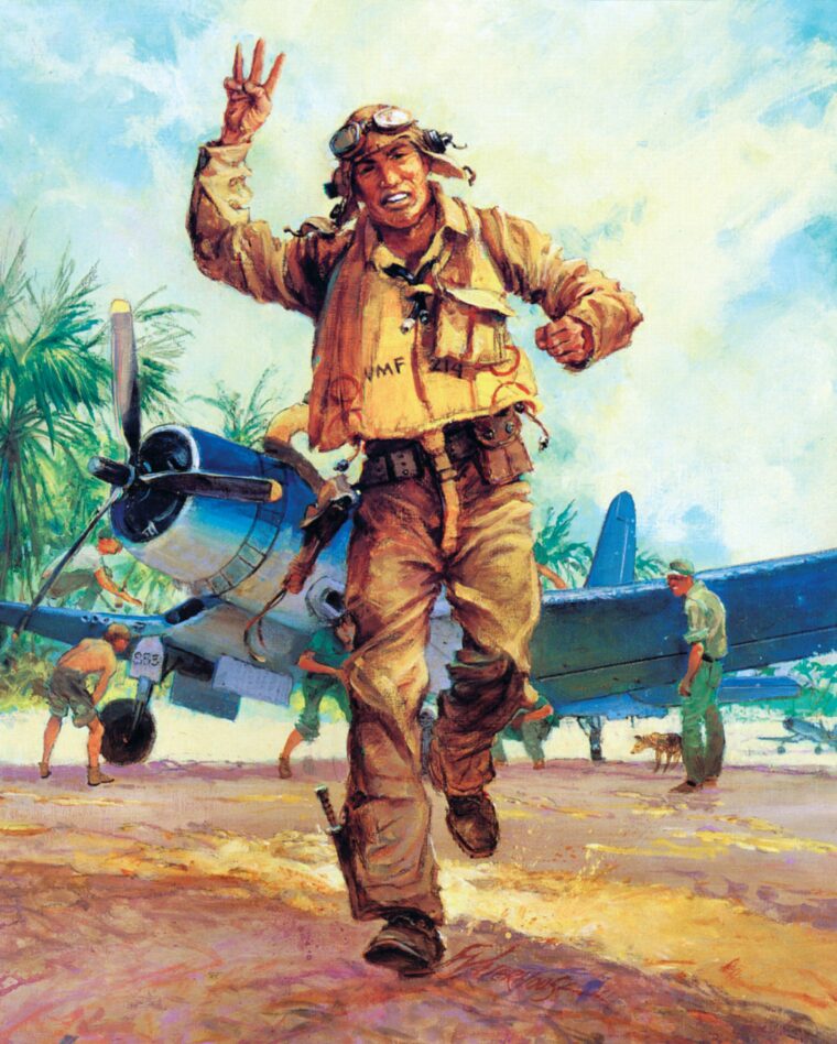 Major “Pappy” Boyington indicates he has shot down three Japanese aircraft in this painting by Marine Corps combat artist Charles Waterhouse.