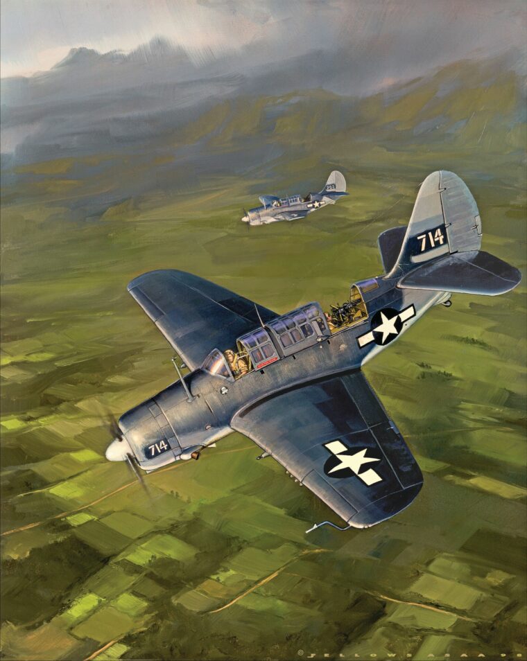 This painting by aviation artist Jack Fellows depicts two Douglas SBD Dauntless dive bombers being flown by Marine pilots of VMSB-244 in action over Mindanao in support of U.S. Army troops on the ground. Although considered obsolescent, the Dauntless was still a rugged, formidable aircraft capable of delivering precise and deadly strikes.