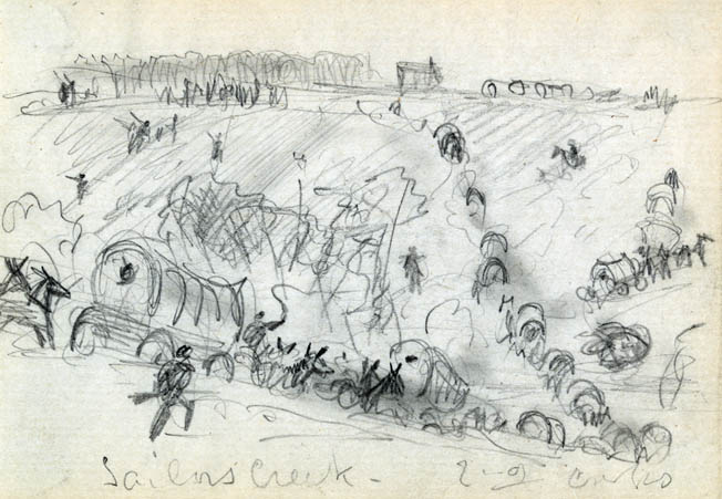 Waud sketched this chaotic scene as Confederate supply wagons scatter during an attack. Few if any supplies made it through to Robert E. Lee’s hungry, footsore, and dispirited men on the withdrawal to Appomattox.