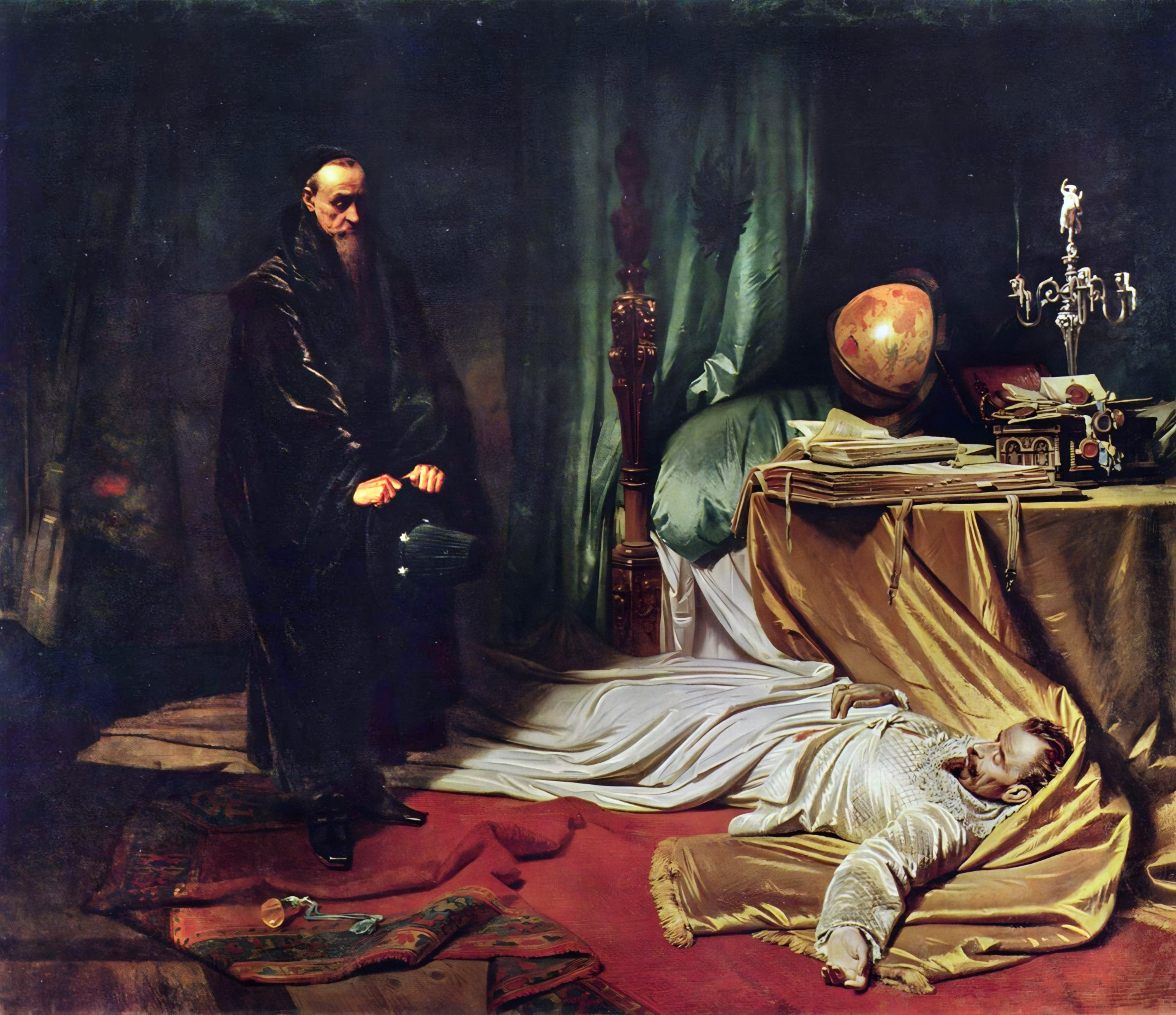 Court astrologer Seni stands watch over the body of Wallenstein, murdered at Eger in February 1634 on orders of Holy Roman Emperor Ferdinand II. Painting by Karl Theodor von Piloty.