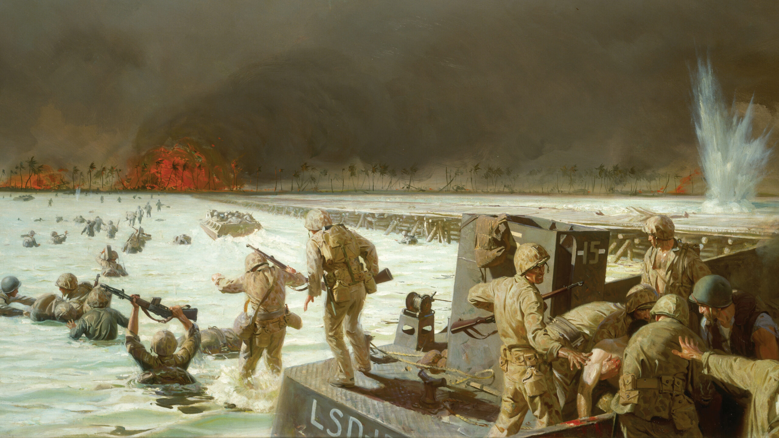Under a smoke-blackened sky, U.S. Marines, in their distinctive P42 camouflage uniforms, wade across the shallow lagoon toward the blazing Tarawa beachhead in the Gilbert Islands (now Kiribati), November 20, 1943. The draft of the Higgins boats proved too great for the shallow water that covered the barrier reef encircling the lagoon, forcing many Marines to struggle ashore through heavy enemy fire. Painting by artist and U.S.M.C. Sergeant Tom Lovell.