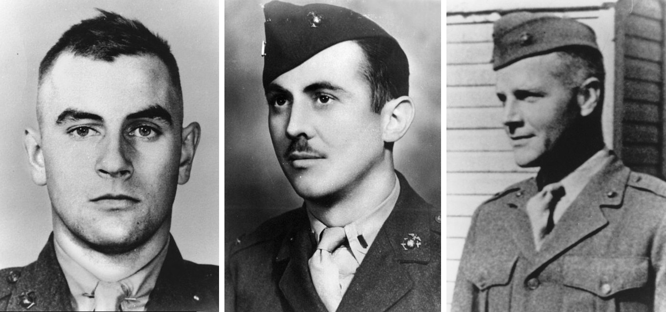 Three of the four Medals of Honor awarded for bravery at Tarawa were presented posthumously. They were earned by (left to right) Staff Sgt. William Bordelon, 1st Lt. William Deane Hawkins, and 1st Lt. Alexander Bonnyman, Jr. The fourth Medal of Honor was presented to Colonel David Shoup, who commanded the landing operation.